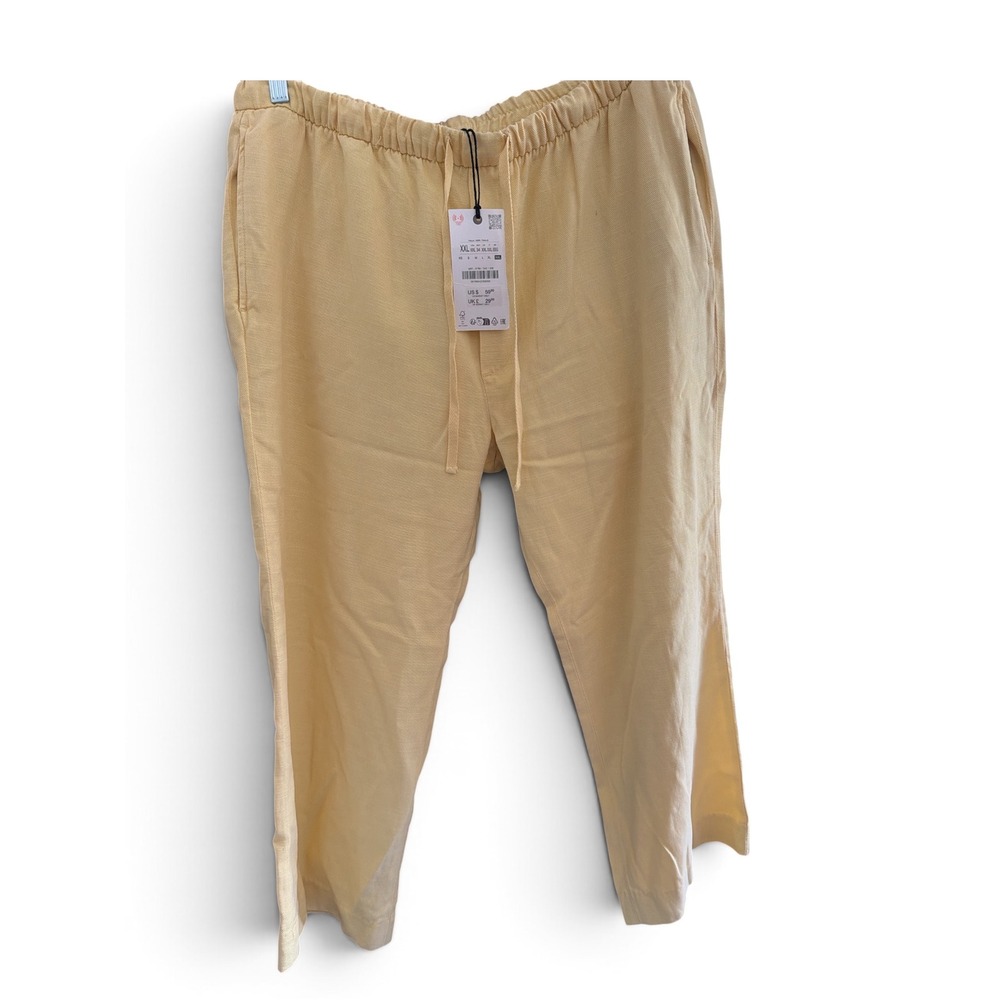 Zara Women XXL Yellow Linen Blend Elastic Waist Drawstring Relaxed Pants NWT